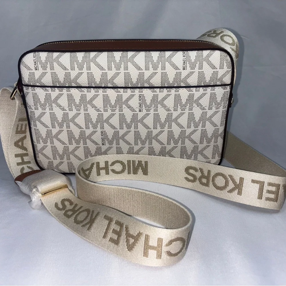 Michael Kors White and Brown Messenger Bag with Monogram Pattern